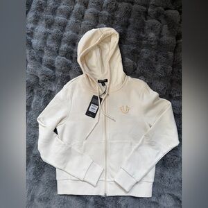 True Religion Zip Hoodie Size M Cream With Gold Thread And Sequins NWT